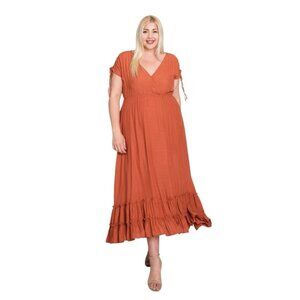ARULA Dress Women's Size 1X Rust Orange‎ Maxi Ruffle Hem Dolman Sleeves V-Neck